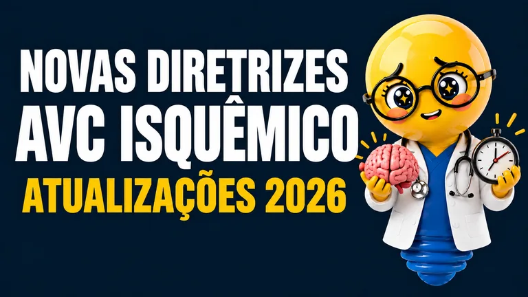 Descrição de acessibilidade: Imagem em formato horizontal, com fundo azul-marinho escuro. À esquerda, em letras grandes e brancas, está escrito “NOVAS DIRETRIZES AVC ISQUÊMICO”. Abaixo, em letras amarelas, aparece “ATUALIZAÇÕES 2026”. À direita, há uma personagem em formato de lâmpada amarela, com olhos grandes, óculos redondos e expressão simpática, vestindo jaleco branco sobre roupa azul e usando um estetoscópio. A lâmpada segura um cérebro rosa em uma das mãos e um relógio na outra, representando a importância do tempo no atendimento ao AVC isquêmico — “tempo é cérebro”.