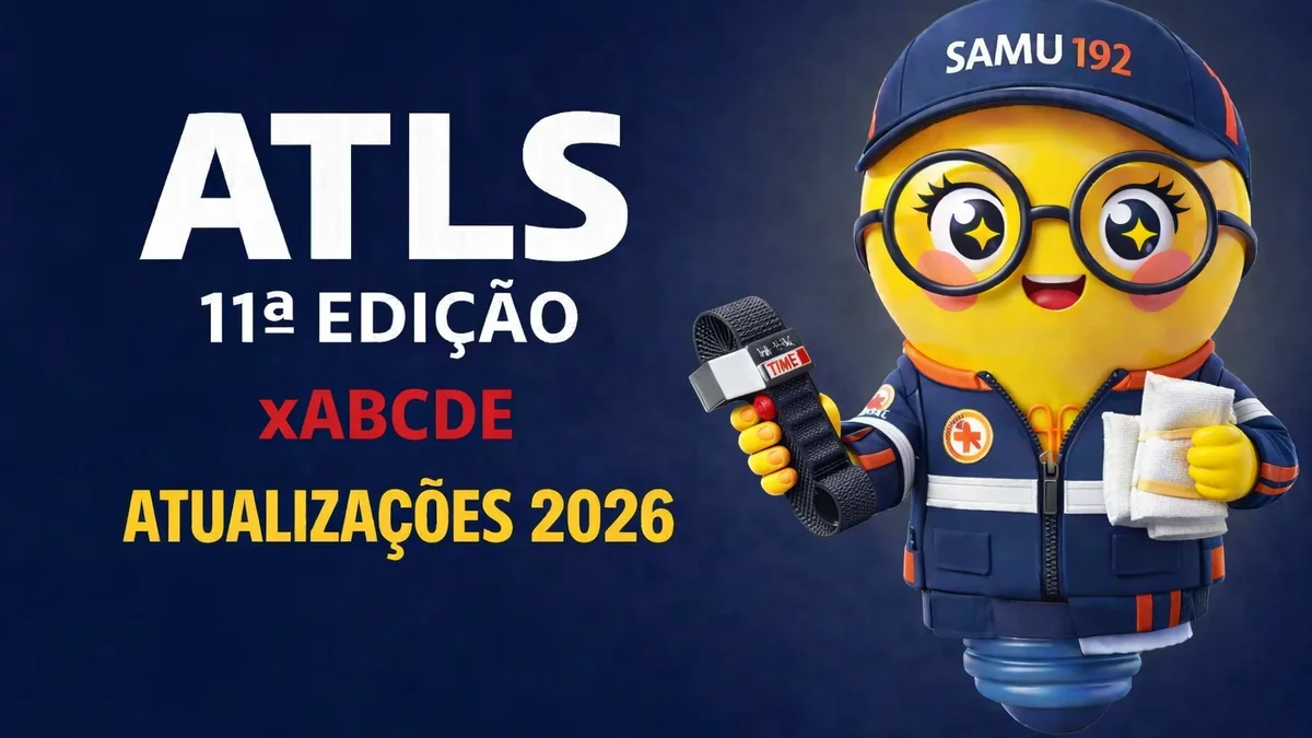 Banner digital com fundo azul escuro. À esquerda, em letras grandes brancas, está escrito “ATLS” e logo abaixo “11ª EDIÇÃO”. Abaixo desse título aparece “xABCDE” em vermelho e, na linha inferior, “ATUALIZAÇÕES 2026” em amarelo.  À direita, há um mascote ilustrado em formato de lâmpada com expressão alegre, olhos grandes e óculos redondos. Ele veste uniforme azul do serviço de emergência SAMU, com boné escrito “SAMU 192”. Em uma das mãos o personagem segura um torniquete preto, destacando o equipamento de controle de hemorragia, e na outra mão segura gazes e compressas médicas. O estilo da imagem é colorido, tridimensional e com aparência de personagem animado.