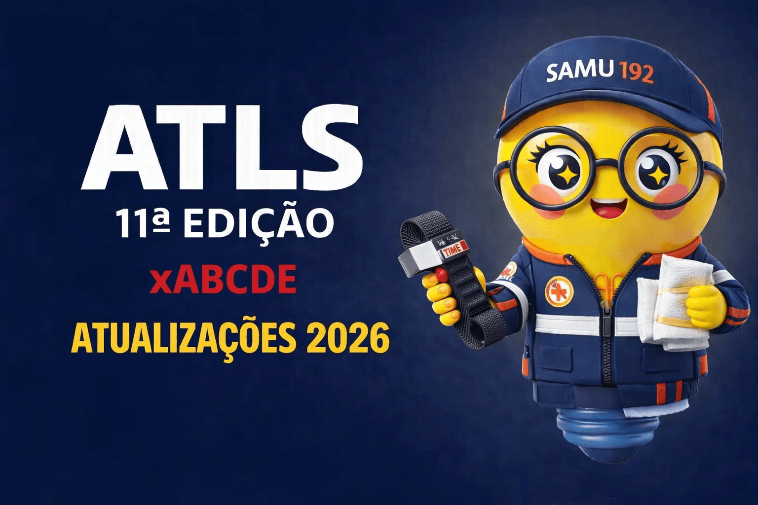 Banner digital com fundo azul escuro. À esquerda, em letras grandes brancas, está escrito “ATLS” e logo abaixo “11ª EDIÇÃO”. Abaixo desse título aparece “xABCDE” em vermelho e, na linha inferior, “ATUALIZAÇÕES 2026” em amarelo.  À direita, há um mascote ilustrado em formato de lâmpada com expressão alegre, olhos grandes e óculos redondos. Ele veste uniforme azul do serviço de emergência SAMU, com boné escrito “SAMU 192”. Em uma das mãos o personagem segura um torniquete preto, destacando o equipamento de controle de hemorragia, e na outra mão segura gazes e compressas médicas. O estilo da imagem é colorido, tridimensional e com aparência de personagem animado.