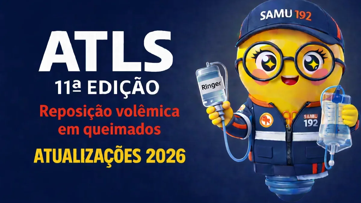 Banner digital com fundo azul escuro em degradê. À esquerda, em letras grandes brancas, está escrito “ATLS” e logo abaixo “11ª EDIÇÃO”. Abaixo do título, em letras vermelhas, aparece o texto “Reposição volêmica em queimados”. Na parte inferior, em amarelo, está escrito “ATUALIZAÇÕES 2026”.  À direita, há um mascote ilustrado em formato de lâmpada com expressão sorridente, olhos grandes e óculos redondos. Ele veste uniforme azul do SAMU com boné escrito “SAMU 192”. Em uma das mãos segura um frasco de solução intravenosa rotulado “Ringer”, conectado a um equipo, e na outra segura um dispositivo transparente semelhante a um coletor graduado usado para monitorar o débito urinário. O estilo da imagem é colorido, tridimensional e com aparência de personagem animado.