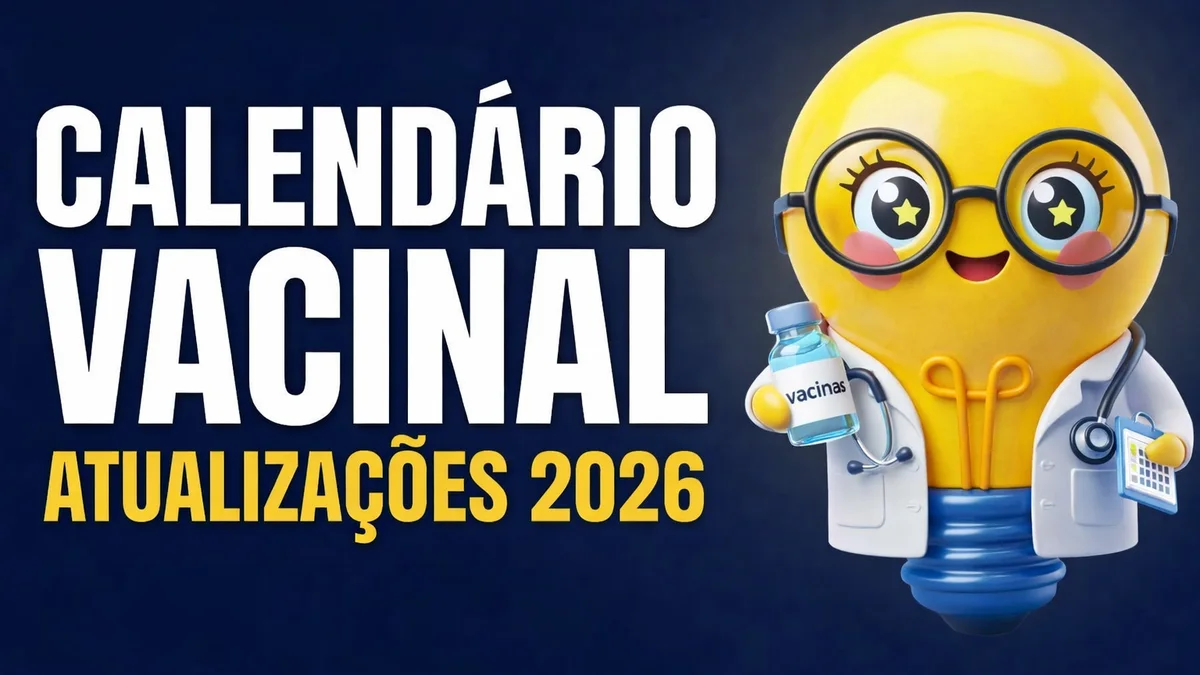 Imagem promocional com fundo azul escuro contendo, à esquerda, o texto em destaque “CALENDÁRIO VACINAL” em letras brancas grandes e, abaixo, “ATUALIZAÇÕES 2026” em amarelo. À direita, há uma ilustração de uma lâmpada antropomorfizada caracterizada como médica, com óculos redondos, bochechas rosadas e expressão sorridente. Ela veste jaleco branco com estetoscópio no pescoço, segura um frasco escrito “vacinas” em uma das mãos e um pequeno calendário na outra. 