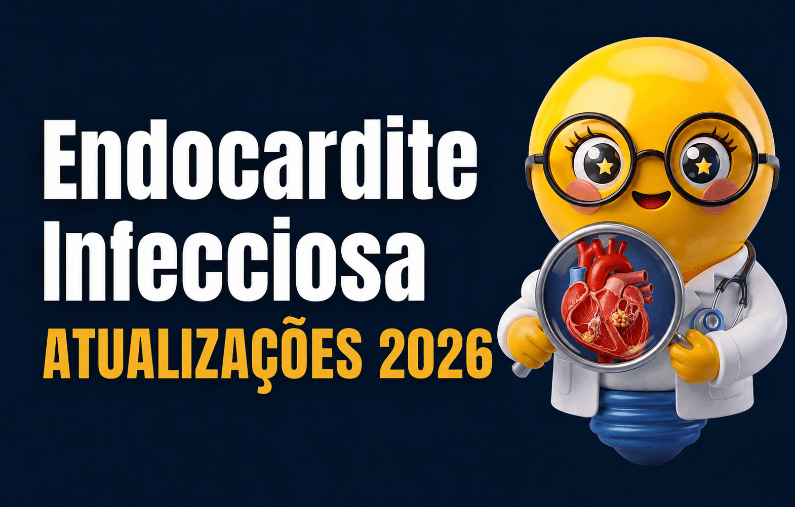 Banner digital em estilo moderno com fundo azul-escuro em degradê. À esquerda, há um texto grande em letras brancas escrito “Endocardite Infecciosa”. Logo abaixo, em letras amarelas destacadas, aparece “ATUALIZAÇÕES 2026”.  À direita, há uma personagem em formato de lâmpada amarela, com aparência fofa e brilhante, usando óculos redondos grandes, jaleco médico branco e estetoscópio. A personagem sorri e segura uma lupa. Dentro da lupa aparece a imagem detalhada de um coração humano avermelhado, com áreas sugestivas de infecção nas válvulas cardíacas, fazendo referência à endocardite infecciosa.  O estilo visual é semelhante a banners médicos educativos para redes sociais, com aparência tridimensional, cores vibrantes e temática acadêmica/medicina.