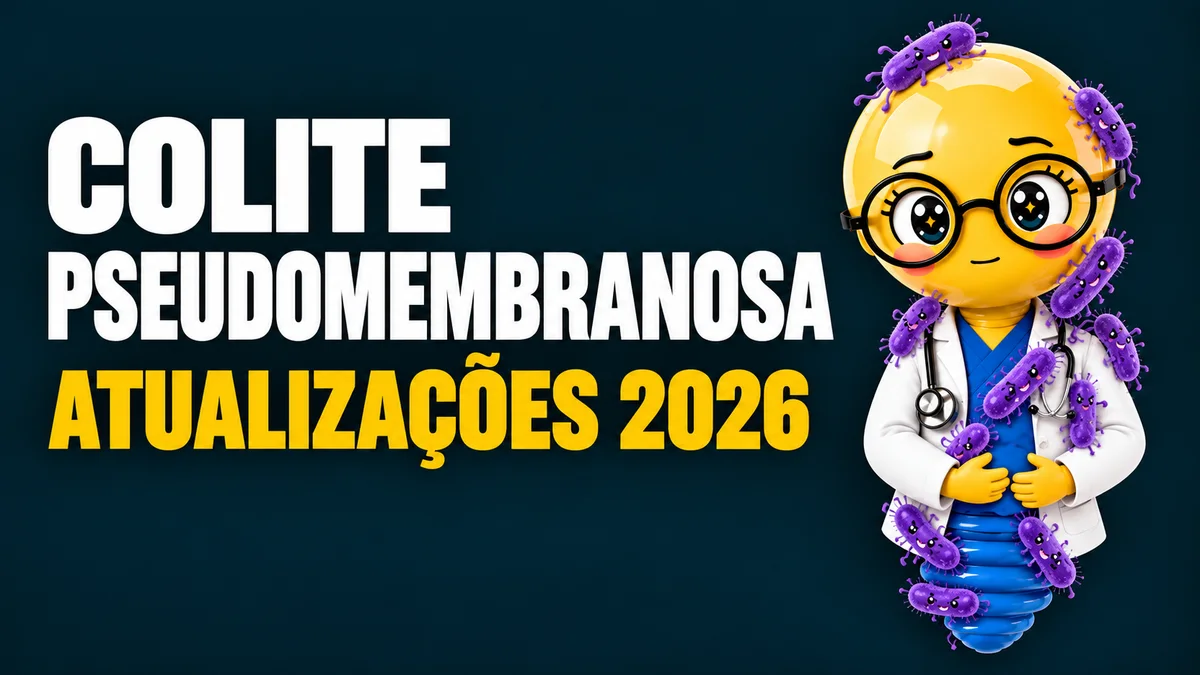 Ilustração educativa com fundo azul-escuro. À esquerda, em letras grandes e retas, está escrito “COLITE PSEUDOMEMBRANOSA” em branco e, abaixo, “ATUALIZAÇÕES 2026” em amarelo. À direita, há uma personagem em formato de lâmpada amarela, usando óculos redondos, jaleco branco, roupa azul e estetoscópio. Vários desenhos roxos de Clostridioides difficile, em formato de bactérias com pequenas estruturas semelhantes a pelos, estão subindo e espalhados pelo corpo da personagem. A lâmpada apresenta expressão preocupada e segura a região do abdômen com as mãos.
