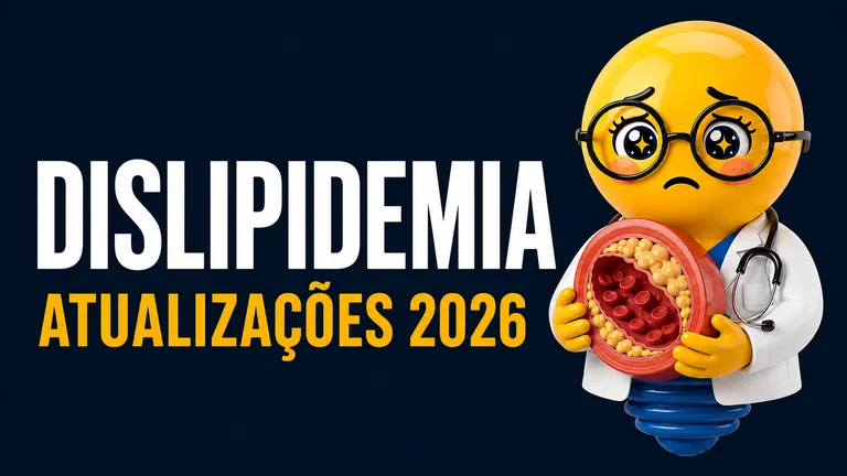 Imagem horizontal com fundo azul-marinho escuro. À esquerda, em letras grandes brancas, está escrito “DISLIPIDEMIA” e, abaixo, em amarelo, “ATUALIZAÇÕES 2026”. À direita, há um personagem em formato de lâmpada, caracterizado como médico, usando jaleco branco, óculos e estetoscópio. Ele segura uma representação circular de uma artéria, com placas amareladas de gordura aderidas às paredes e glóbulos vermelhos no interior, ilustrando o processo de aterosclerose.