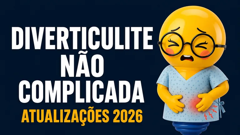 A imagem tem um formato retangular horizontal com um fundo azul escuro liso, composta por um texto grande à esquerda e um personagem 3D à direita. O texto está escrito em letras maiúsculas, grandes e em negrito, dispostas em quatro linhas que dizem "DIVERTICULITE", "NÃO" e "COMPLICADA" na cor branca, e "ATUALIZAÇÕES 2026" na cor amarela. À direita, há um boneco 3D amarelo com formato de emoji de cabeça grande e redonda. Ele veste uma camisola hospitalar azul clara com pequenas bolinhas escuras e usa óculos de grau redondos com armação preta. O personagem apresenta uma forte expressão de dor, com as sobrancelhas caídas e franzidas, os olhos fechados com força e a boca aberta em uma careta. Ele abraça a própria barriga com as duas mãos, focando no lado inferior esquerdo do abdômen, onde há um destaque com um brilho vermelho e pequenos raios irregulares da mesma cor, indicando dor aguda ou inflamação no local.