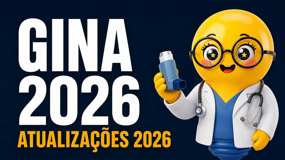 Miniatura com fundo azul-escuro em degradê. À esquerda, em letras grandes e brancas, está escrito “GINA 2026”. Logo abaixo, em letras grandes amarelas, aparece “ATUALIZAÇÕES 2026”.  À direita, há uma personagem em estilo cartoon 3D: uma lâmpada amarela com rosto sorridente, olhos grandes brilhantes atrás de óculos redondos pretos, usando jaleco branco, roupa azul e estetoscópio. Ela segura na mão direita uma bombinha de asma (inalador pressurizado) azul, posicionada de forma destacada como o principal elemento visual relacionado ao tema. A personagem transmite uma expressão amigável e entusiasmada.