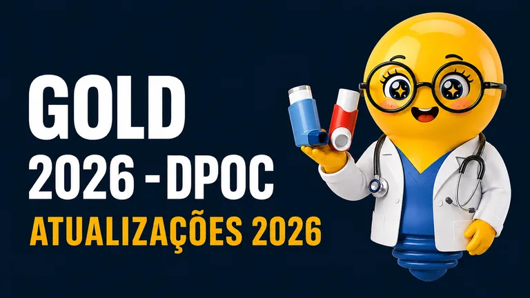 Imagem horizontal, com fundo em degradê azul-marinho escuro. À esquerda, há um texto grande, branco e em letras maiúsculas, organizado em duas linhas: “GOLD” e “2026 - DPOC”. Abaixo, em letras grandes amarelas, aparece “ATUALIZAÇÕES 2026”.  À direita, há uma ilustração tridimensional de uma personagem amarela e arredondada, semelhante a uma carinha de emoji, representando uma médica. Ela usa óculos grandes e redondos de armação preta, com olhos grandes e brilhantes em formato de estrela. A personagem está sorrindo, sem nariz, e veste um jaleco branco sobre uma roupa azul, além de um estetoscópio preto e cinza ao redor do pescoço.  Com uma das mãos, a personagem segura dois dispositivos inalatórios. O primeiro é predominantemente azul, com formato semelhante a um inalador pressurizado convencional e uma parte superior branca. O segundo é predominantemente vermelho e branco, com formato mais volumoso e arredondado na região inferior. Não há marcas ou nomes de medicamentos visíveis nos dispositivos.