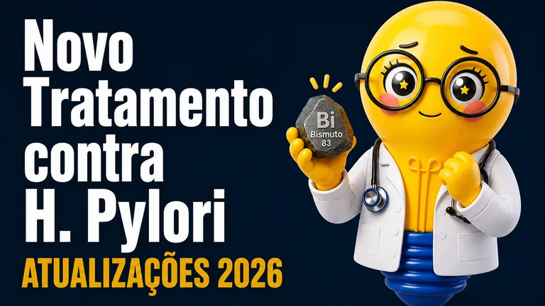 Banner com fundo em degradê azul-escuro. À esquerda, em letras grandes e brancas, está escrito: “Novo Tratamento contra H. Pylori”. Logo abaixo, em letras grandes amarelas, lê-se “ATUALIZAÇÕES 2026”.  À direita, há uma personagem em formato de lâmpada amarela humanizada, vestindo jaleco branco e estetoscópio. Ela usa óculos redondos de armação preta e tem olhos grandes com brilho em forma de estrela. A expressão transmite esperança e confiança, com um leve sorriso e sobrancelhas suavemente arqueadas. Entre as abas abertas do jaleco aparece o filamento característico da lâmpada, visível na região do peito.  Na mão esquerda, a personagem segura uma pedra escura representando o bismuto, com a inscrição “Bi Bismuto 83” em destaque. Acima da pedra há pequenos traços amarelos sugerindo que ela é um elemento importante ou uma novidade. A outra mão está fechada em um gesto de incentivo, próximo ao peito. A composição utiliza cores de alto contraste (azul, branco e amarelo), com estilo tridimensional e aparência moderna, remetendo a uma capa de vídeo ou material educativo sobre as atualizações de 2026 no tratamento da infecção por Helicobacter pylori.