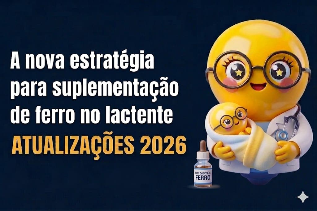 Um cartaz informativo 3D sobre suplementação de ferro em lactentes. À esquerda, o texto branco e amarelo diz: 'A nova estratégia para suplementação de ferro no lactente' e 'ATUALIZAÇÕES 2026'. À direita, uma lâmpada-médico amarela com óculos segura um bebê lâmpada. Um frasco de 'SUPLEMENTO DE FERRO' está no chão ao lado.