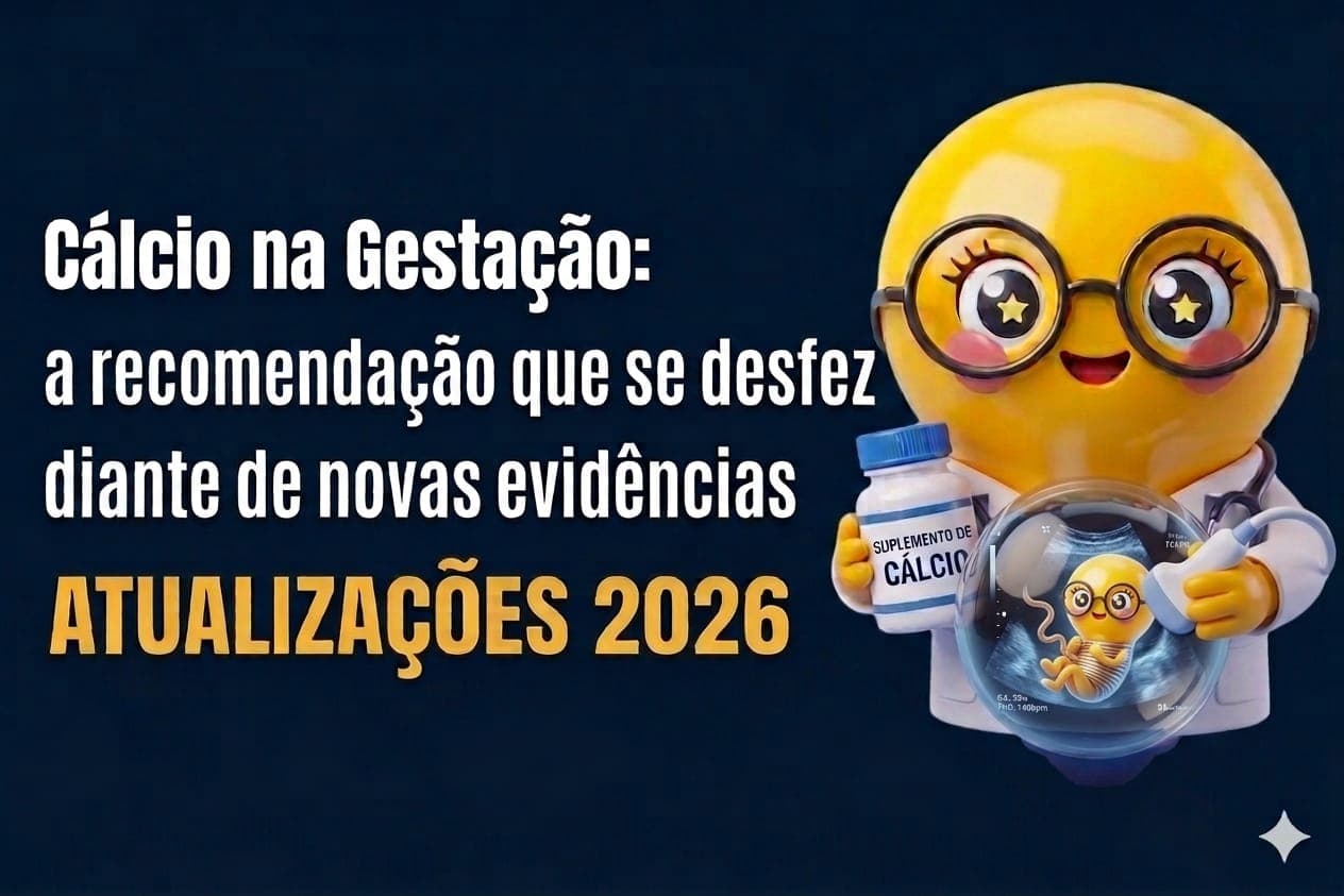 A imagem é um banner informativo com fundo azul escuro que traz, à esquerda, o título branco "Cálcio na Gestação: a recomendação que se desfez diante de novas evidências" seguido do destaque amarelo "ATUALIZAÇÕES 2026". À direita, um simpático mascote 3D em formato de lâmpada amarela, vestido de médico com jaleco e óculos, segura em uma mão um frasco de "SUPLEMENTO DE CÁLCIO" e, na outra, uma esfera de vidro transparente que exibe a imagem de ultrassom de um feto, que curiosamente também é uma pequena lâmpada de óculos.