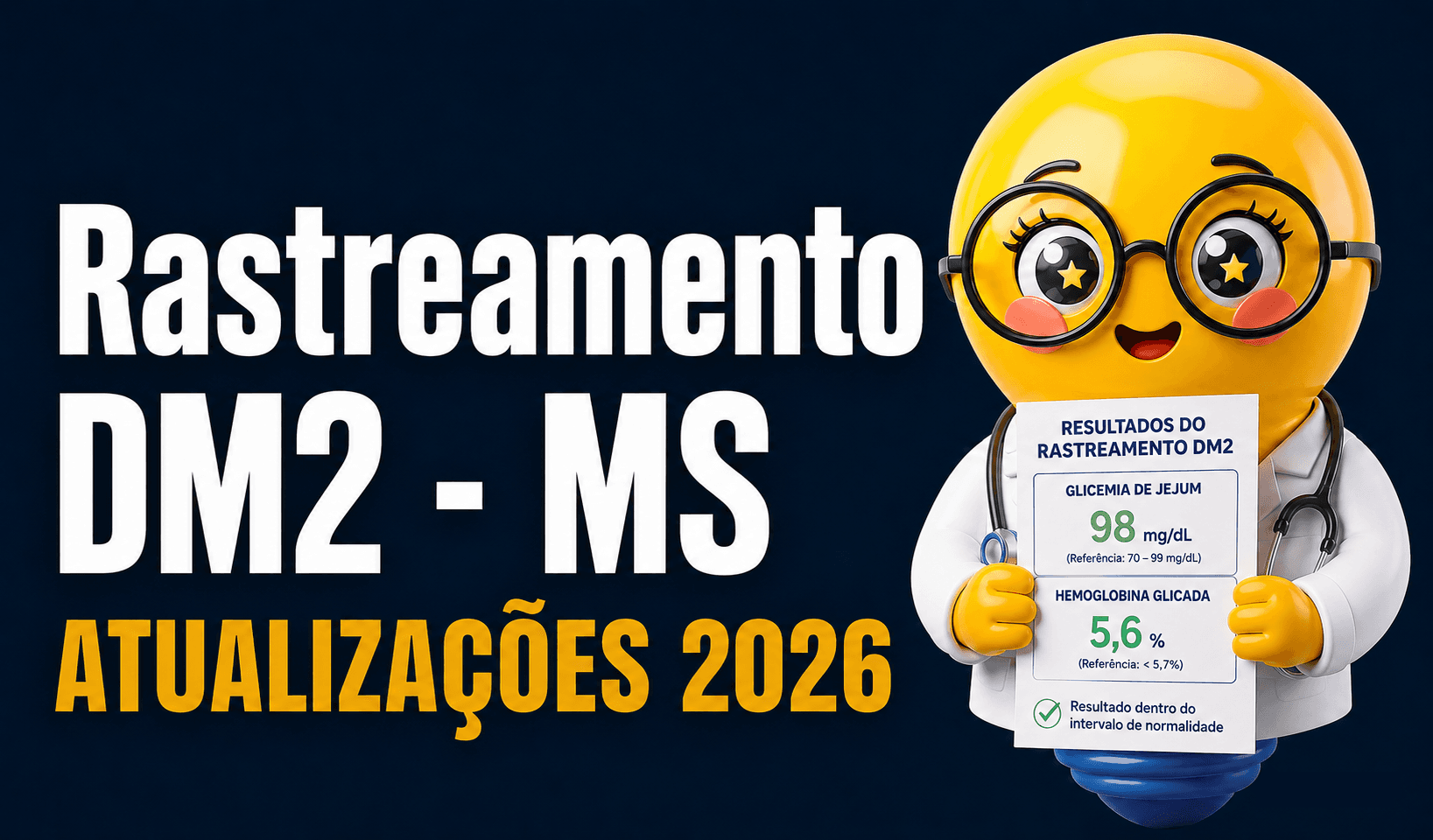 Banner em estilo moderno com fundo azul-escuro degradê. À esquerda, em letras grandes brancas, está escrito “Rastreamento DM2 - MS”, e abaixo, em amarelo vibrante, “Atualizações 2026”. À direita, aparece uma personagem em formato de lâmpada amarela com expressão alegre, usando óculos redondos, jaleco médico e estetoscópio. Ela segura um papel com resultados de rastreamento para diabetes tipo 2, incluindo valores de glicemia de jejum e hemoglobina glicada dentro da faixa de normalidade.