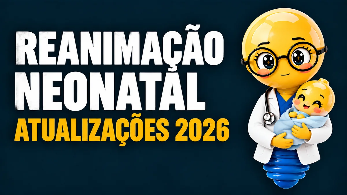 Ilustração em formato de banner, com fundo azul-petróleo escuro. À esquerda, aparecem em letras grandes e brancas as palavras “REANIMAÇÃO NEONATAL” e, abaixo, em amarelo, “ATUALIZAÇÕES 2026”. À direita, há uma personagem em formato de lâmpada amarela, usando óculos redondos, jaleco branco, roupa azul e estetoscópio. Ela segura no colo um pequeno bebê-lâmpada amarelo, enrolado em uma manta azul-clara, com expressão alegre.