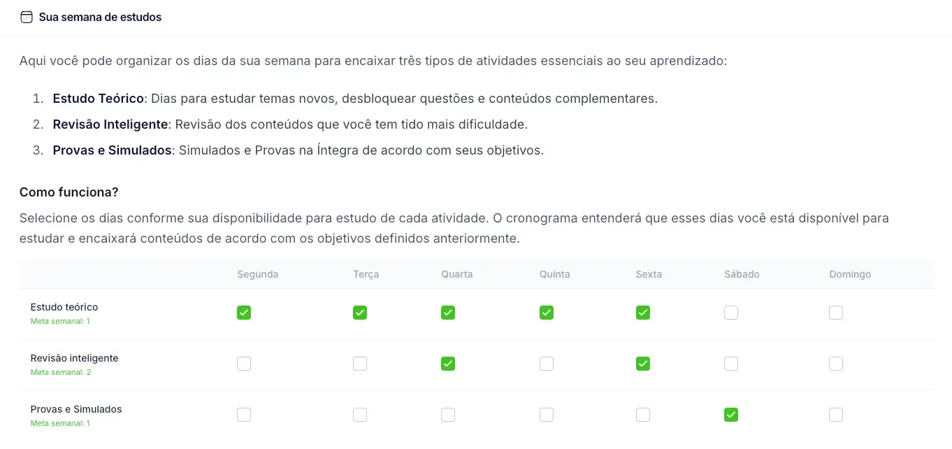 Seleção de dias da semana do cronograma, selecione os dias que deseja estudar teórica, revisão de conteúdo e simulados