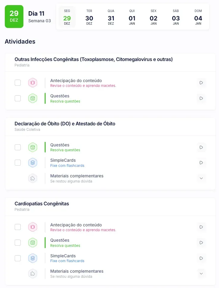 Lista de atividades do dia, estude vários temas em um dia e faça várias atividades diferentes