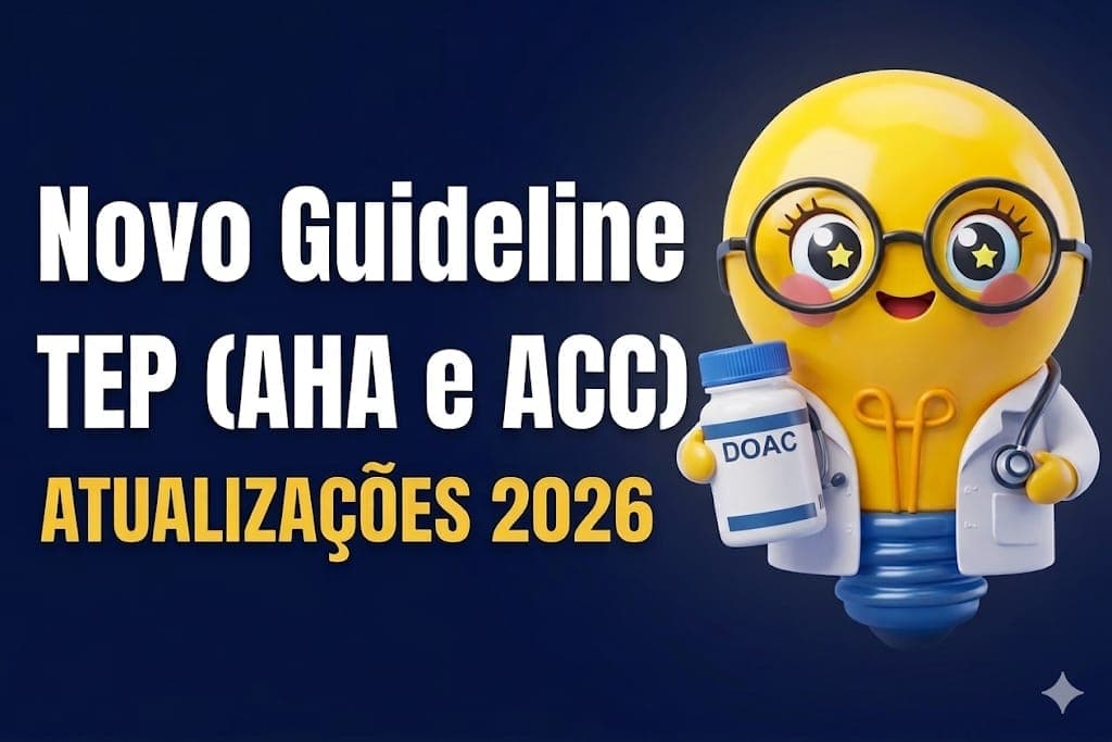 A imagem apresenta um fundo azul escuro com um texto grande à esquerda dizendo “Novo Guideline TEP (AHA e ACC) Atualizações 2026”, sendo que a parte “Atualizações 2026” aparece em amarelo e com mais destaque visual. À direita, há uma ilustração em estilo cartoon de uma lâmpada amarela com rosto sorridente, olhos grandes com brilho em forma de estrela e óculos redondos. A lâmpada está vestida como um médico, usando jaleco branco e estetoscópio, e segura um frasco branco com a inscrição “DOAC”. A composição transmite de forma visual e amigável a ideia de novidades médicas relacionadas ao tromboembolismo pulmonar.