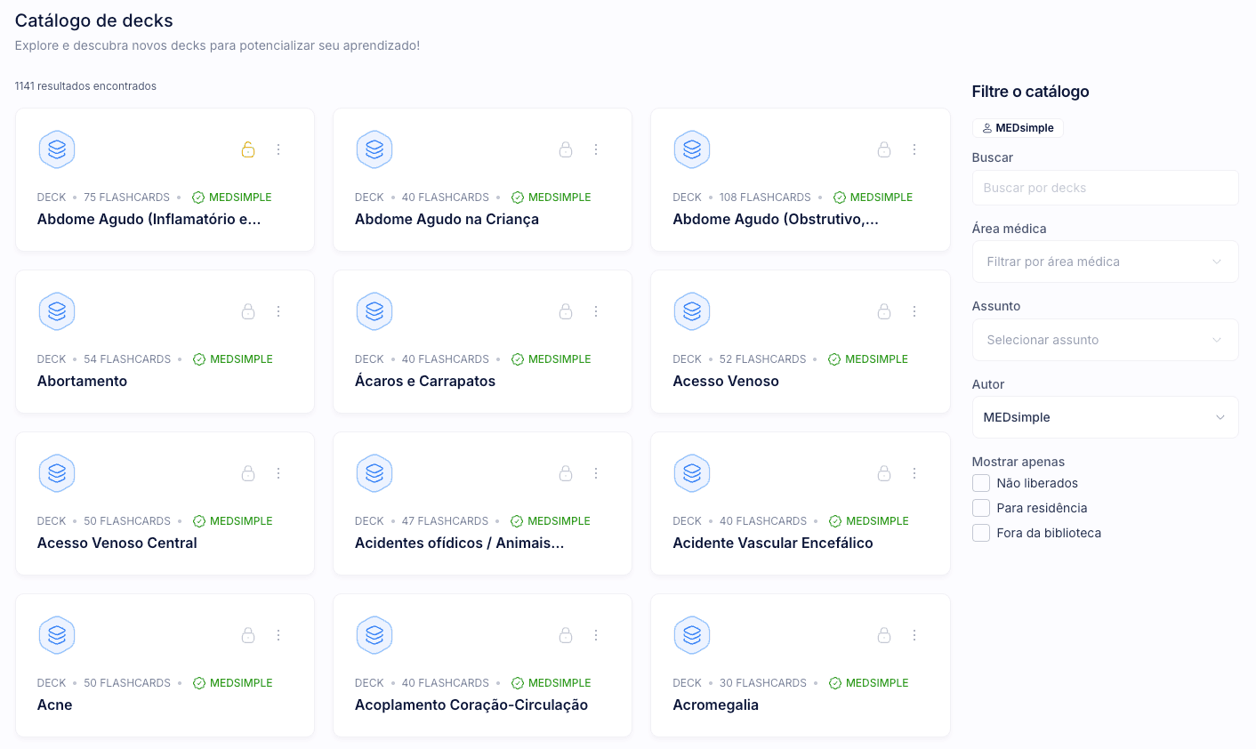 Catálogo de decks com filtros por área médica e assunto