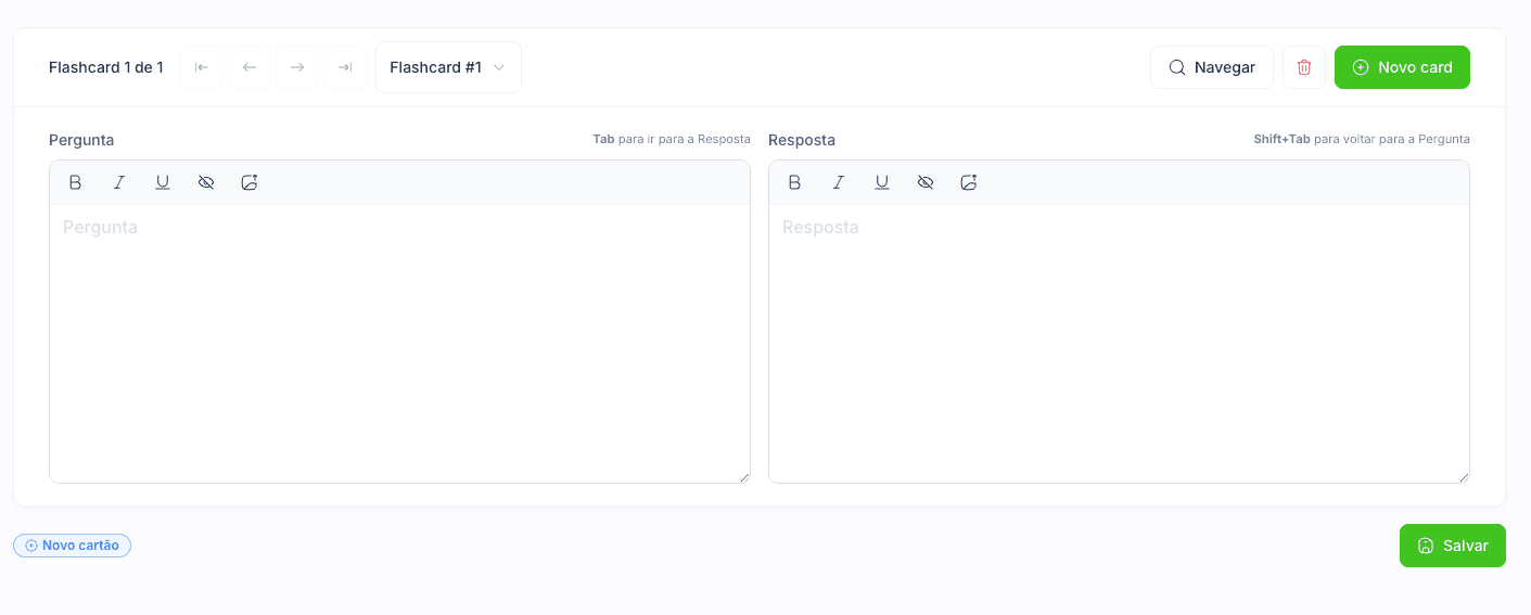 Editor de flashcards com campos de pergunta e resposta