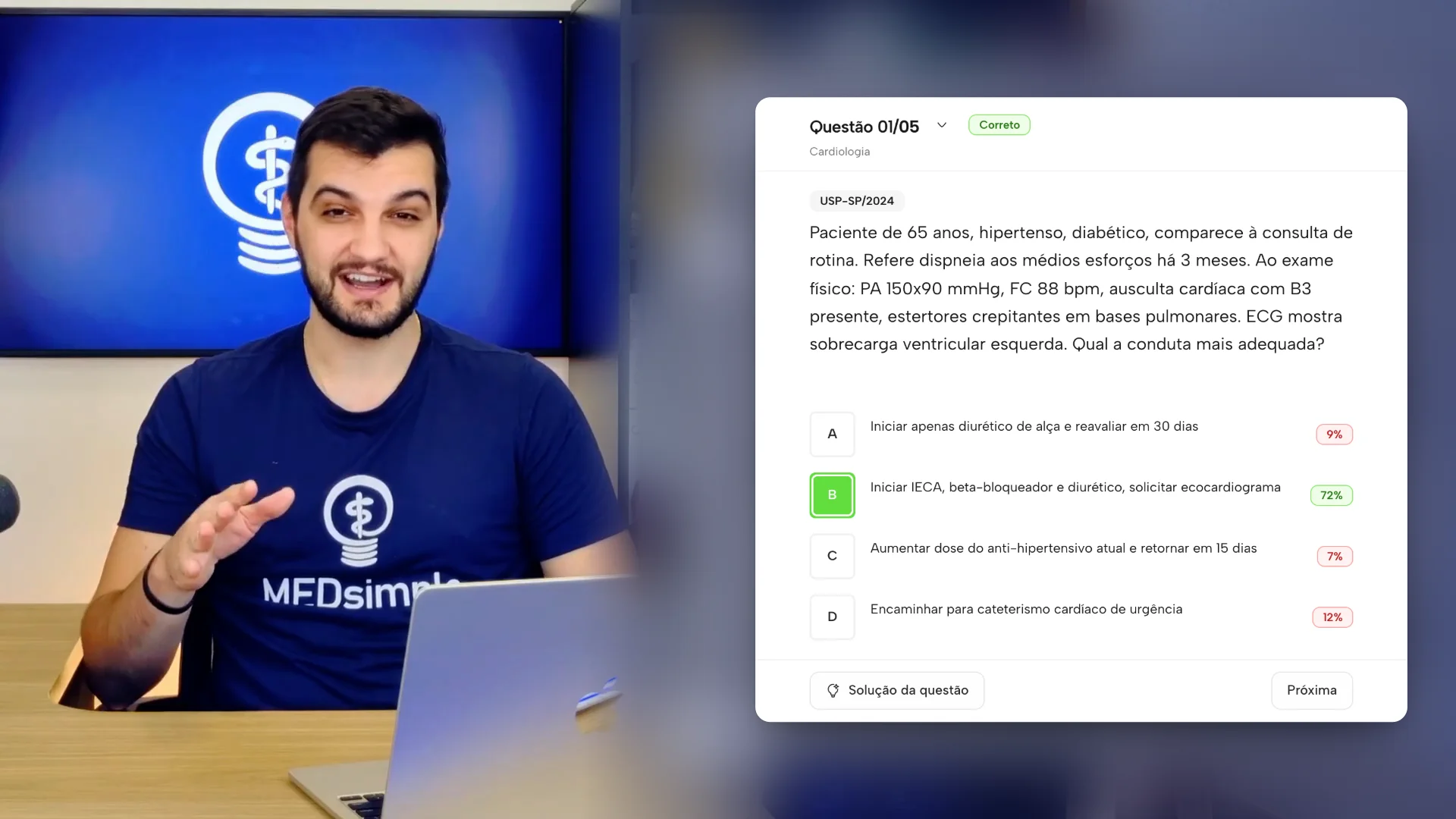 Dr. Fabrissio Portelinha ao lado de uma questão respondida na plataforma MEDsimple