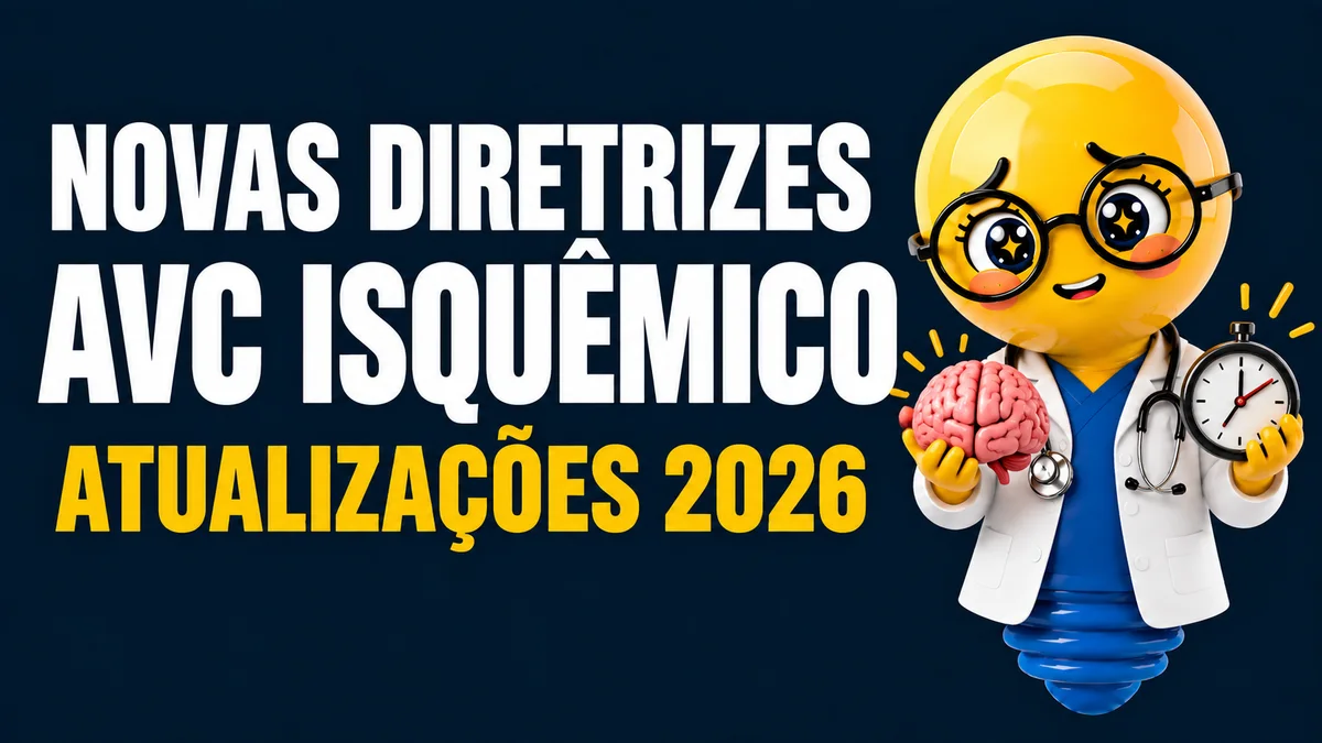 Descrição de acessibilidade: Imagem em formato horizontal, com fundo azul-marinho escuro. À esquerda, em letras grandes e brancas, está escrito “NOVAS DIRETRIZES AVC ISQUÊMICO”. Abaixo, em letras amarelas, aparece “ATUALIZAÇÕES 2026”. À direita, há uma personagem em formato de lâmpada amarela, com olhos grandes, óculos redondos e expressão simpática, vestindo jaleco branco sobre roupa azul e usando um estetoscópio. A lâmpada segura um cérebro rosa em uma das mãos e um relógio na outra, representando a importância do tempo no atendimento ao AVC isquêmico — “tempo é cérebro”.
