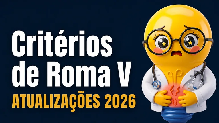 Banner digital em estilo moderno com fundo azul-escuro em degradê. À esquerda, em letras grandes brancas, está escrito “Critérios de Roma V”. Logo abaixo, em amarelo vibrante, aparece “ATUALIZAÇÕES 2026”. À direita, há uma personagem em formato de lâmpada amarela com expressão de dor, usando óculos redondos grandes, jaleco médico branco e estetoscópio. A personagem segura a barriga com as duas mãos, enquanto uma área avermelhada iluminada no abdome simboliza dor abdominal. Pequenas linhas onduladas vermelhas reforçam a sensação de desconforto gastrointestinal.
