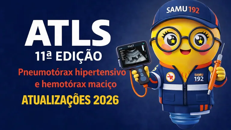 Banner digital com fundo azul escuro. À esquerda, em letras grandes brancas, está escrito “ATLS” e abaixo “11ª EDIÇÃO”. Logo abaixo, em vermelho, aparece o texto “Pneumotórax hipertensivo e hemotórax maciço”, e na parte inferior, em amarelo, “ATUALIZAÇÕES 2026”. À direita, há um mascote em formato de lâmpada com expressão alegre, olhos grandes e óculos redondos, vestindo uniforme azul do SAMU com boné “SAMU 192”. Em uma das mãos, ele segura um aparelho portátil de ultrassom com a palavra “FAST” na tela; na outra, segura uma agulha de descompressão. O estilo é ilustrado, colorido e tridimensional.
