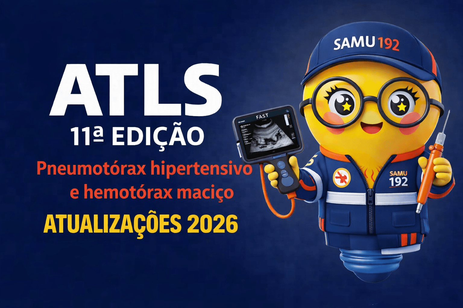 Banner digital com fundo azul escuro. À esquerda, em letras grandes brancas, está escrito “ATLS” e abaixo “11ª EDIÇÃO”. Logo abaixo, em vermelho, aparece o texto “Pneumotórax hipertensivo e hemotórax maciço”, e na parte inferior, em amarelo, “ATUALIZAÇÕES 2026”. À direita, há um mascote em formato de lâmpada com expressão alegre, olhos grandes e óculos redondos, vestindo uniforme azul do SAMU com boné “SAMU 192”. Em uma das mãos, ele segura um aparelho portátil de ultrassom com a palavra “FAST” na tela; na outra, segura uma agulha de descompressão. O estilo é ilustrado, colorido e tridimensional.