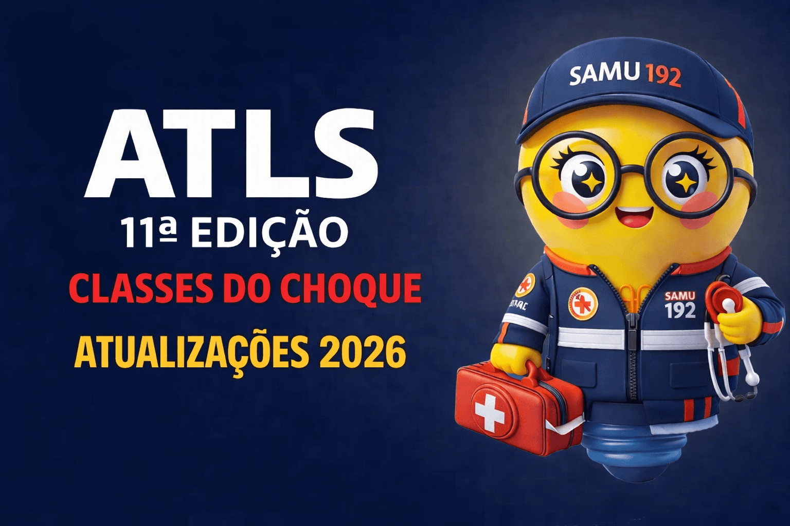 Banner digital com fundo azul escuro. À esquerda, em letras grandes brancas, está escrito “ATLS” e, abaixo, “11ª EDIÇÃO”. Logo abaixo, a frase “CLASSES DO CHOQUE” aparece em vermelho, e “ATUALIZAÇÕES 2026” em amarelo. À direita, há um personagem em formato de lâmpada, com expressão alegre, usando óculos redondos e boné azul com a inscrição “SAMU 192”. Ele veste uniforme azul de atendimento de emergência com faixas refletivas e símbolo de cruz vermelha no braço. O personagem segura uma maleta vermelha de primeiros socorros com cruz branca e um estetoscópio. A composição tem estilo ilustrado, colorido e de aparência tridimensional.