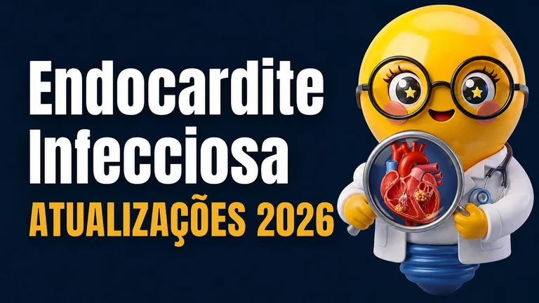 Banner digital em estilo moderno com fundo azul-escuro em degradê. À esquerda, há um texto grande em letras brancas escrito “Endocardite Infecciosa”. Logo abaixo, em letras amarelas destacadas, aparece “ATUALIZAÇÕES 2026”. À direita, há uma personagem em formato de lâmpada amarela, com aparência fofa e brilhante, usando óculos redondos grandes, jaleco médico branco e estetoscópio. A personagem sorri e segura uma lupa. Dentro da lupa aparece a imagem detalhada de um coração humano avermelhado, com áreas sugestivas de infecção nas válvulas cardíacas, fazendo referência à endocardite infecciosa. O estilo visual é semelhante a banners médicos educativos para redes sociais, com aparência tridimensional, cores vibrantes e temática acadêmica/medicina.