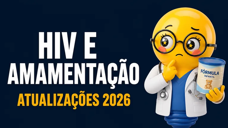 Banner com fundo azul-marinho escuro e visual moderno. À esquerda, em letras grandes, brancas e maiúsculas, está escrito: “HIV E AMAMENTAÇÃO”. Logo abaixo, em letras grandes amarelas, aparece o texto: “ATUALIZAÇÕES 2026”. À direita, há uma personagem em estilo 3D, representada por uma bonequinha amarela de formato de lâmpada, vestida como profissional de saúde. Ela usa jaleco branco, roupa azul por baixo, estetoscópio no pescoço e óculos redondos pretos. A expressão facial transmite dúvida: as sobrancelhas estão arqueadas, a boca levemente curvada para baixo e uma das mãos toca o queixo em gesto de reflexão. Na outra mão, a personagem segura uma lata de fórmula infantil nas cores azul e bege, com a inscrição “FÓRMULA INFANTIL” e o desenho de um ursinho na embalagem.