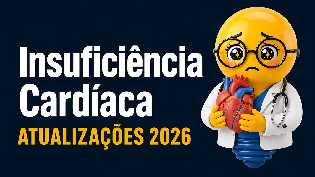 Imagem horizontal com fundo em degradê azul-marinho escuro. À esquerda, há o texto grande e branco “Insuficiência Cardíaca”, distribuído em duas linhas. Abaixo, em letras grandes amarelas, está escrito “ATUALIZAÇÕES 2026”. À direita, aparece um personagem em formato de lâmpada amarela, representada em estilo 3D, com óculos de armação preta, usando jaleco branco, roupa azul e estetoscópio. A lâmpada apresenta uma expressão apreensiva, com as sobrancelhas arqueadas e a boca curvada para baixo. Ela segura com as duas mãos um coração humano anatômico vermelho, com vasos sanguíneos visíveis. Na parte inferior, é possível ver a base azul da lâmpada. O conjunto tem aparência de ilustração médica moderna, colorida e tridimensional.