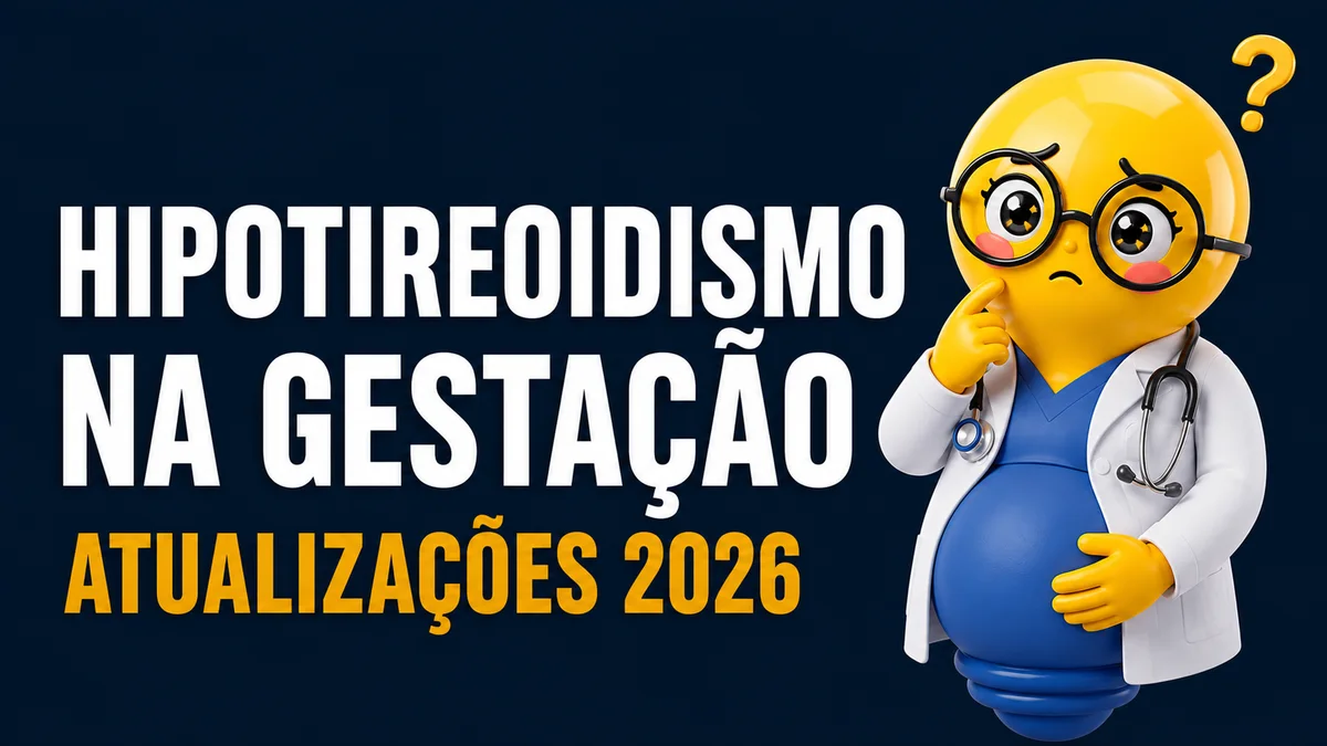 Imagem em formato horizontal, estilo thumbnail de vídeo, com fundo azul-marinho escuro em degradê. À esquerda, ocupa grande parte da composição um texto em letras maiúsculas, grossas e brancas, distribuído em duas linhas: “HIPOTIREOIDISMO” na primeira e “NA GESTAÇÃO” na segunda. Logo abaixo, em fonte igualmente grande, porém em amarelo-ouro, está escrito “ATUALIZAÇÕES 2026”. À direita, há uma personagem em estilo 3D cartoon com formato de lâmpada azul na parte inferior do corpo, lembrando um mascote criativo. A parte superior é uma cabeça redonda e brilhante, amarela, semelhante a um emoji. Ela veste jaleco branco de médica, roupa azul por baixo e um estetoscópio preto e cinza pendurado no pescoço. A personagem está grávida, com a barriga grande e arredondada em destaque. Sua expressão facial transmite confusão ou dúvida: sobrancelhas arqueadas para cima, olhos grandes atrás de óculos redondos pretos, olhar preocupado, bochechas rosadas e boca pequena curvada para baixo. Uma das mãos está encostada no rosto, com o dedo indicador apoiado na bochecha, em gesto pensativo. A outra mão repousa sobre a barriga. No canto superior direito, próximo à cabeça da personagem, aparece um grande ponto de interrogação amarelo, reforçando a ideia de questionamento ou incerteza. O estilo geral é limpo, moderno e chamativo, lembrando capas de vídeos educativos de medicina para redes sociais ou YouTube.