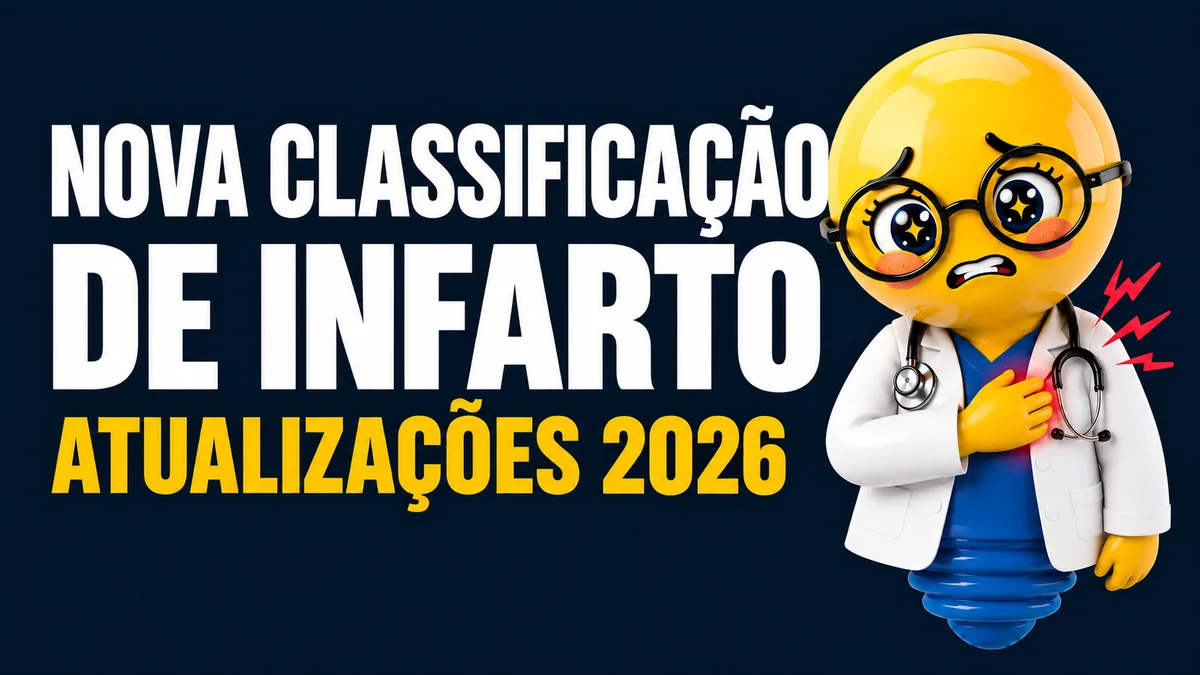 Imagem horizontal com fundo azul-marinho escuro. À esquerda, em letras grandes e brancas, está escrito “NOVA CLASSIFICAÇÃO DE INFARTO”. Abaixo, em letras grandes amarelas, está escrito “ATUALIZAÇÕES 2026”. À direita, há uma personagem em formato de lâmpada amarela, com óculos redondos, expressão preocupada e usando jaleco branco sobre roupa azul, além de um estetoscópio. A lâmpada está com uma das mãos sobre o lado esquerdo do peito, como se estivesse sentindo dor no coração. Ao lado do peito, há marcas vermelhas em formato de raios, reforçando a ideia de dor cardíaca. A ilustração tem aparência tridimensional, com acabamento brilhante e estilo de mascote médico.