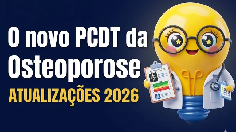 magem com fundo azul escuro em estilo moderno. À esquerda, há um título grande em letras brancas: “O novo PCDT da Osteoporose”. Logo abaixo, em destaque, aparece “ATUALIZAÇÕES 2026” em letras grandes amarelas. À direita, há uma bonequinha estilizada de cor amarela, com formato arredondado e expressão amigável. Ela usa jaleco médico e segura um exame de densitometria óssea, que mostra um gráfico colorido. Na outra mão, segura um pequeno dispositivo de monitoramento. A composição transmite um contexto médico e educacional sobre atualização em osteoporose.