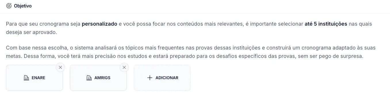 Configuração de instituições do cronograma