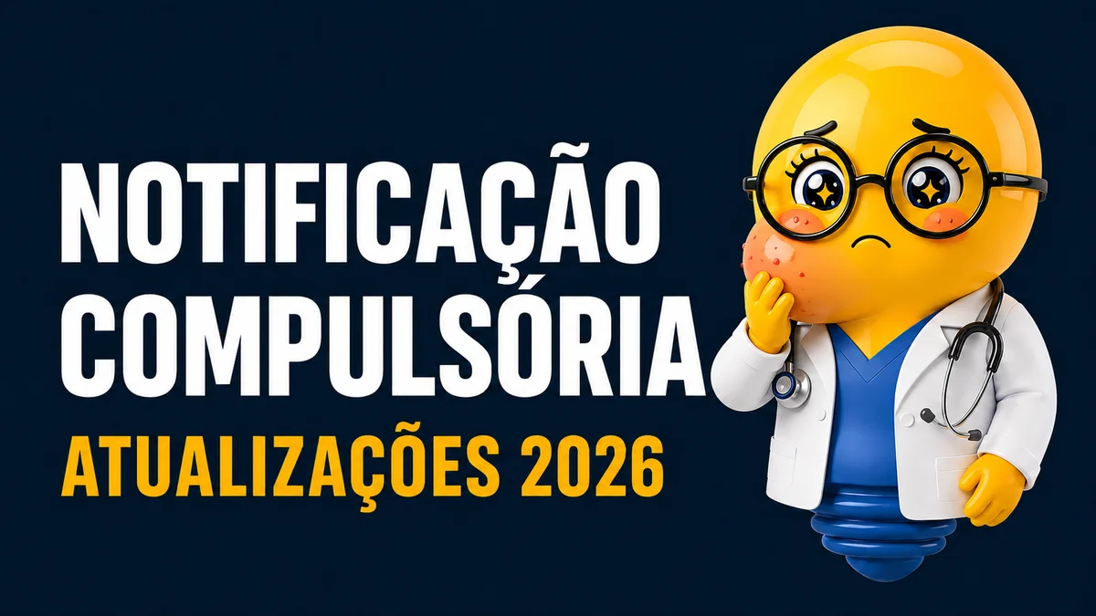 A imagem tem fundo azul-marinho escuro e apresenta, em destaque, o título “NOTIFICAÇÃO COMPULSÓRIA”, escrito em letras grandes, brancas e maiúsculas, ocupando a parte esquerda e central da composição. Logo abaixo, aparece a frase “ATUALIZAÇÕES 2026”, também em letras maiúsculas, porém na cor amarela-dourada. No lado direito da imagem há uma personagem em estilo 3D, com aparência de uma pequena médica. Ela tem cabeça e corpo amarelos, olhos grandes e expressivos, usa óculos redondos de armação preta e veste um jaleco branco sobre uma roupa azul. Um estetoscópio preto está apoiado ao redor do pescoço. A personagem apresenta expressão de desconforto e preocupação, com uma das mãos encostada na região da bochecha. Essa região está avermelhada e apresenta várias pequenas manchas e lesões avermelhadas, representando visualmente o aspecto de uma pessoa doente. A personagem está apoiada sobre uma base azul em formato semelhante ao de uma lâmpada, reforçando a estética de ilustração médica e educativa. A composição utiliza contraste entre o fundo azul-escuro, o texto branco e amarelo e a personagem colorida, com o título como principal elemento visual.
