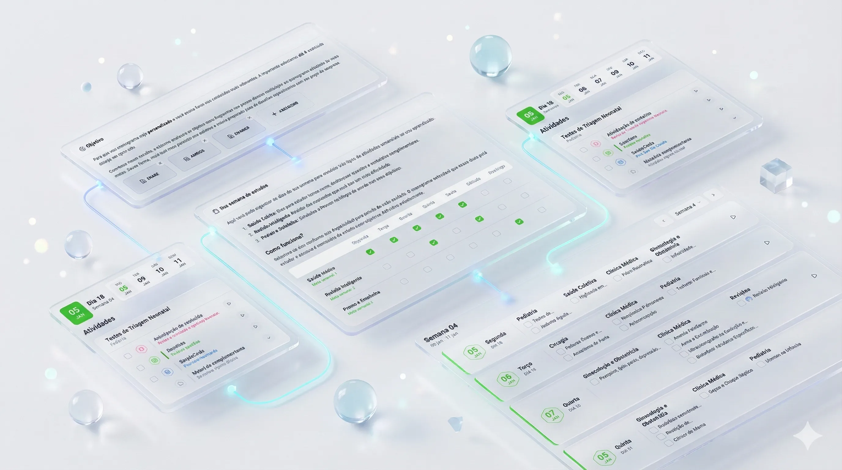 Telas do cronograma de estudos da MEDsimple, com o objetivo, a semana de estudos e as atividades do dia