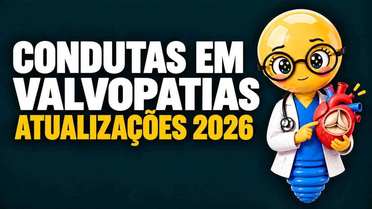 Banner horizontal com fundo verde-petróleo muito escuro. À esquerda, em letras grandes e brancas, aparece o título “CONDUTAS EM VALVOPATIAS”. Logo abaixo, em letras amarelas, está escrito “ATUALIZAÇÕES 2026”. À direita, há uma personagem em formato de lâmpada amarela, com brilho na superfície, expressão simpática, olhos grandes, cílios, bochechas rosadas e óculos redondos pretos. A lâmpada está caracterizada como médica, usando jaleco branco sobre roupa azul, com estetoscópio no pescoço. Ela segura um modelo anatômico de coração humano vermelho, com as válvulas cardíacas em destaque, e aponta para ele com uma das mãos. Há pequenos traços amarelos ao lado do coração, indicando destaque ou atenção. O estilo da ilustração é tridimensional, colorido, com aparência de animação e acabamento brilhante.